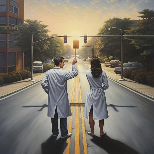 Create image of two people standing in the center of a two-lane highway, facing each other, holding either end of a horizontal sign showing arrows pointing in opposite directions indicating a two-way street. One of the people holding the sign is a doctor and the other is a patient.