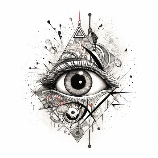 Create me masterpiece tattoo design, bulb, eye, hand, abstract, line graphic sketch, geometry