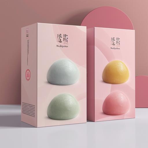 Create packaging design for a mochi product sleek, medium-sized box presented from a three-dimensional perspective 