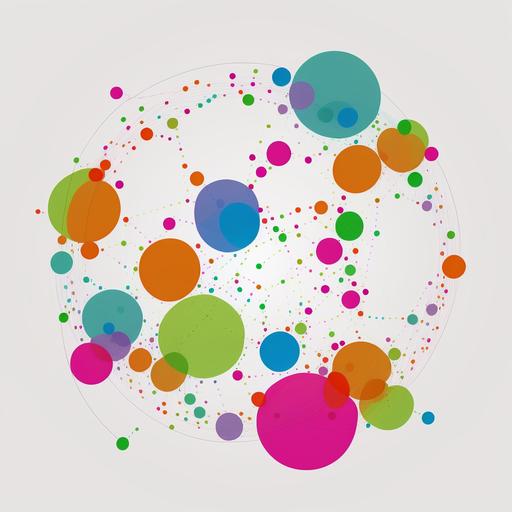 Create plain circles colourful big and small , position scattering, spreading, big and small medium size with white background, network, connecting circle --v 4