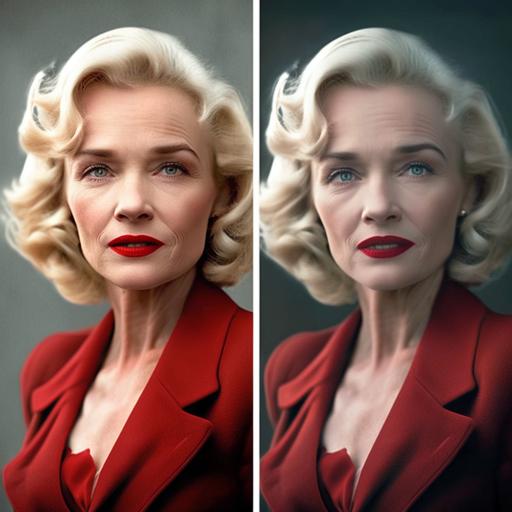 Create real high-definition photos of a 50-year-old blonde with a hairstyle like Marilyn Monroe, with wrinkles, a thin nose, thin lips, red lipstick, gray eyes, in a red blazer, the phone should be red
