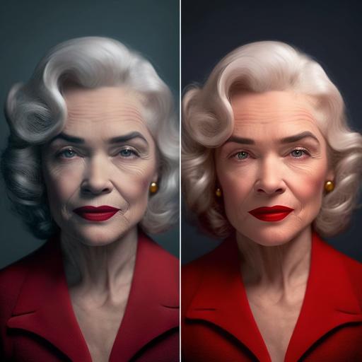 Create real high-definition photos of a 50-year-old blonde with a hairstyle like Marilyn Monroe, with wrinkles, a thin nose, thin lips, red lipstick, gray eyes, in a red blazer, the phone should be red