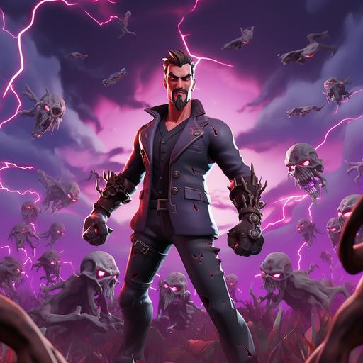 Create the maven fortnite character very close up infront of a purple lightning-filled grassland background with animated zombies behind with a slight blur