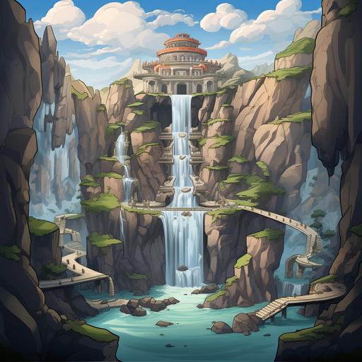 Create the outside of an avenger base that's inside a mountain with a waterfall entrance in cartoon