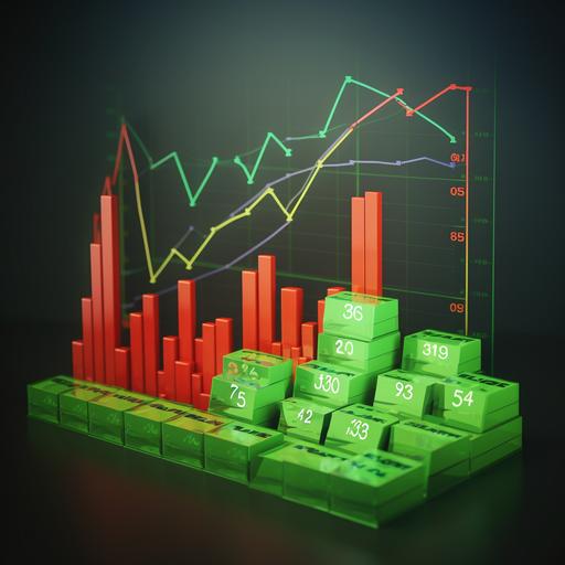 Create this image in 4k. Design a cartoon style photo that displays various price points with green arrows going up and red arrows going down, percentage signs, and other numeric indicators to identify pricing.