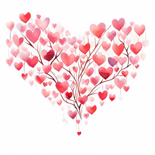 Create valentines watercolour image of multiple red, pink and light red, pale pink hearts hanging from a tree branch. Image to go onto cards. Look hand illustrated with shading different sizing. On a white background.