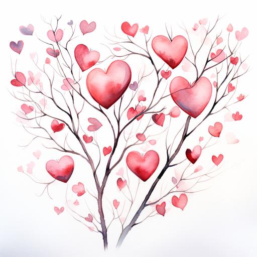 Create valentines watercolour image of multiple red, pink and light red, pale pink hearts hanging from a tree branch. Image to go onto cards. Look hand illustrated with shading different sizing. On a white background.