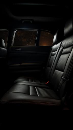 Created a very dark photo of a car's back seat on a very dark night, 8k, highly detailed, shot with Nikon Reflex D3200, natural Lighting, natural colors, hyperrealistic, real photo, --ar 9:16