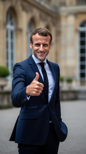 Created an image of Emmanuel Macron with a sarcastic smile in a black suit and blue tie posing in front of the Elysée Palace, 8k, highly detailed, shot with Nikon Reflex D3200, natural Lighting, hyperrealistic, real photo --ar 9:16