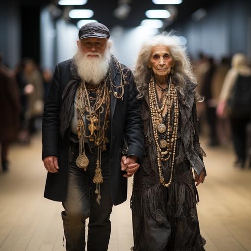 full portrait of a very old and very fat couple on a fashion catwalk. They are stylish --s 750