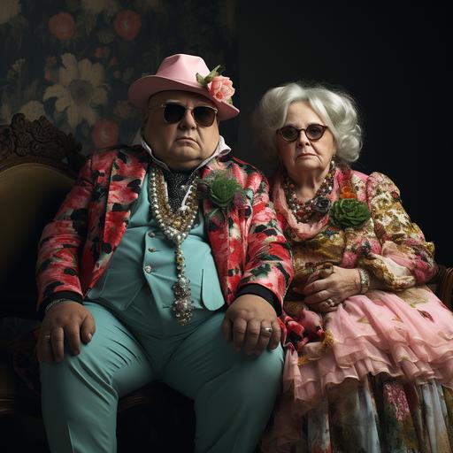 full portrait of a very old and very fat couple on a fashion catwalk. They are stylish --s 750