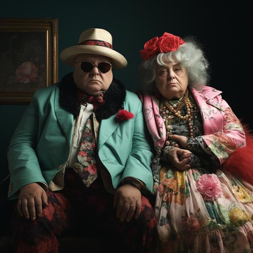 full portrait of a very old and very fat couple on a fashion catwalk. They are stylish --s 750