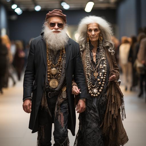 full portrait of a very old and very fat couple on a fashion catwalk. They are stylish --s 750