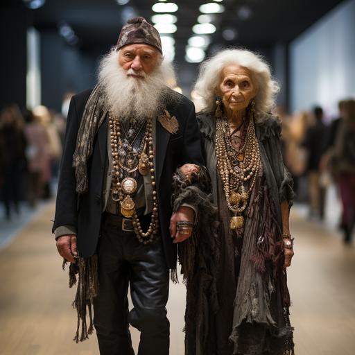 full portrait of a very old and very fat couple on a fashion catwalk. They are stylish --s 750