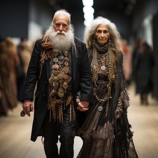 full portrait of a very old and very fat couple on a fashion catwalk. They are stylish --s 750