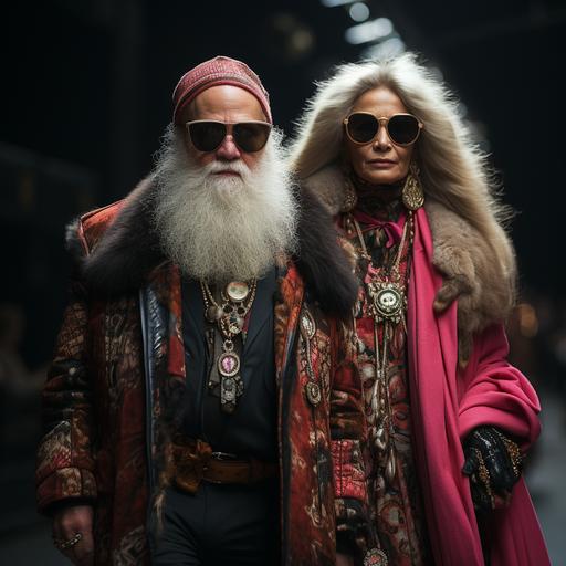 full portrait of a very old and very fat couple on a fashion catwalk. They are stylish --s 750