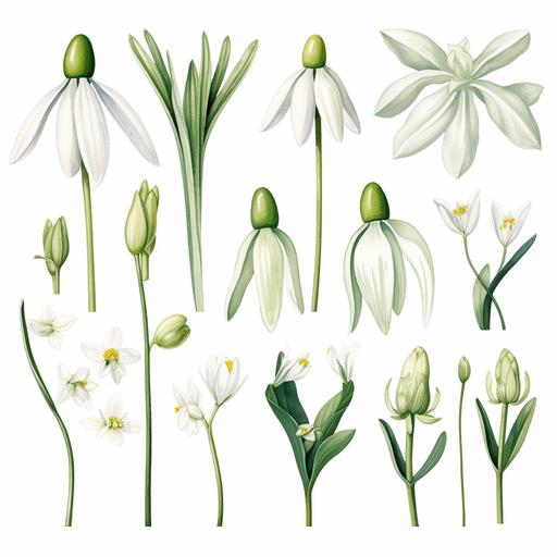 Creating watercolor floral clipart featuring UK wildflowers for winter and spring requires capturing the essence and colors of the specific flowers that bloom in these seasons. Here are descriptions for each: Winter Wildflowers: Snowdrop (Galanthus nivalis): Delicate, white, bell-shaped flowers with a distinctive green marking on the inner petals. The flowers hang from a single, slender green stem, surrounded by a few narrow, green leaves. Winter Aconite (Eranthis hyemalis): Bright yellow, cup-shaped flowers, resembling small buttercups. Each flower is encircled by a ruff of green bracts, and the plant has a low, ground-hugging habit. Hellebore (Helleborus niger): Large, bowl-shaped flowers, usually white or pale pink, with a cluster of yellow stamens in the center. The flowers rise above leathery, dark green leaves. For the watercolor style, envision soft, fluid edges and transparent layers that allow the paper's texture to show through, enhancing the natural and delicate feel of the wildflowers.