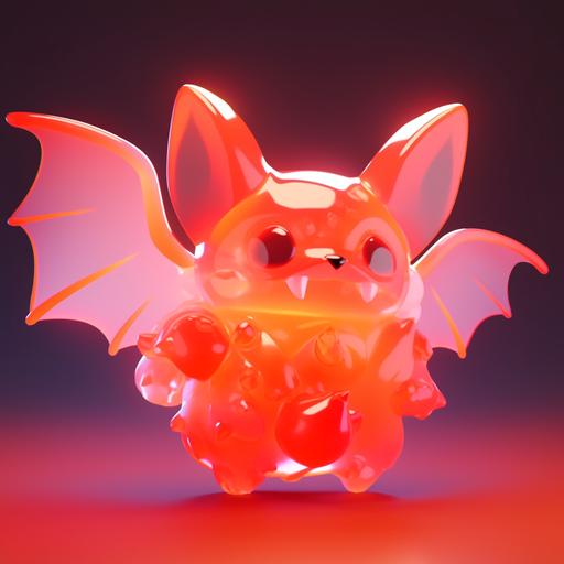 Creature 3D icon, transparent cute bat, 3D rendering, frosted gradient translucent melted, red gradient, background, full model isometric view，--ar 3:2 --niji 5