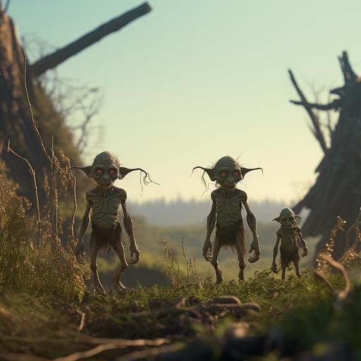 Creepy fantasy goblins standing in a field, short and green, primitive, heavy tree line, forest, d&d, 8k