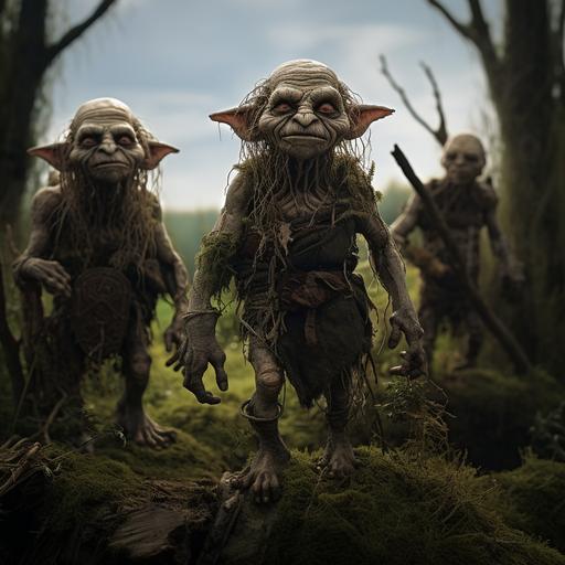 Creepy fantasy goblins standing in a field, short and green, primitive, heavy tree line, forest, d&d, 8k