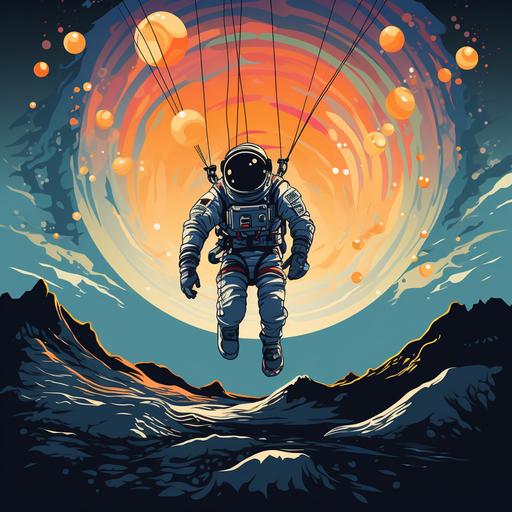 Créez une illustration épique d'un astronaute en train de sauter en parachute depuis l'espace, entouré d'étoiles scintillantes et de la Terre en arrière-plan.