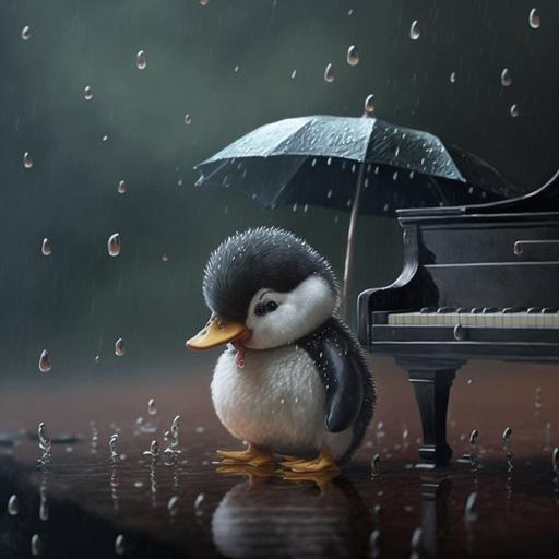 baby duck with tuxedo playing piano in the rain