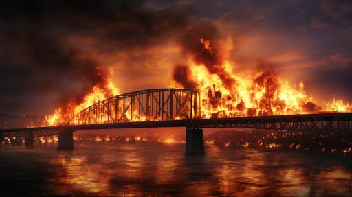 Crimean bridge on fire, photorealistic, high detailed --ar 16:9