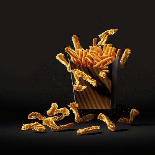 Crinkle Cut Fries on Black Background in box, hyper realistic, super detailed, photography, Hyper realistic, volumetric, photorealistic, ultra photoreal, ultra-detailed, intricate details, 8K, super detailed, full color, ambient occlusion, volumetric lighting , high contrast , HDR --v 4 --q 2