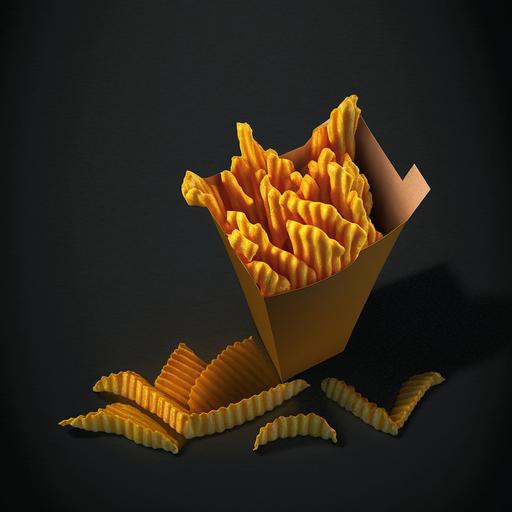 Crinkle Cut Fries on Black Background in box, hyper realistic, super detailed, photography, Hyper realistic, volumetric, photorealistic, ultra photoreal, ultra-detailed, intricate details, 8K, super detailed, full color, ambient occlusion, volumetric lighting , high contrast , HDR --v 4 --q 2