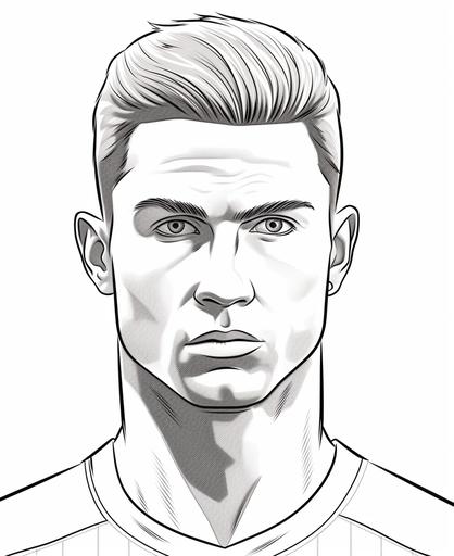Cristiano Ronaldo, coloring page, line style, line art, clean line art, simple, only lines, no gradient, strong outline, no fill --ar 9:11