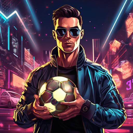 Cristiano Ronaldo holding a soccer ball, cyberpunk cartoon style
