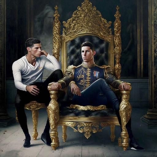 Cristiano Ronaldo, in a royal chair, while Messi kisses his feet