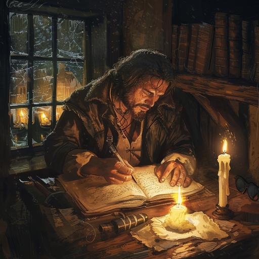 Croaker a medium sized human male from the black company book series sitting at a desk writing in the annuals inside an inn at night highlighted by candle flame