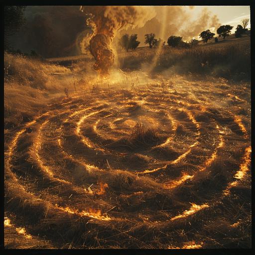 Crop circles being scorched in to the fields by giant alien machinery, psychadelic occult, sci-fi horror, desertpunk, midwest gothic, amber green brown --s 750 --v 6.0 --style raw