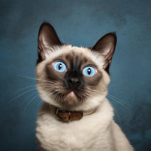 Cross-eyed Siamese cat with blue eyes in a hyperrealistic funny pose