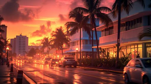 Crowded street on South Beach Miami tropical sunrise, photo with 70mm 2. 8 --v 5.1 --ar 16:9 --q 2