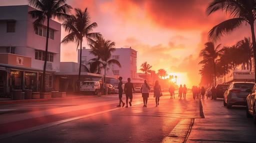 Crowded street on South Beach Miami tropical sunrise, photo with 70mm 2. 8 --v 5.1 --ar 16:9 --q 2