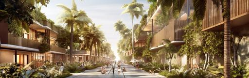 Marcio Kogan Mk27 architectural style, a vibrant 100-meter tropical tree lined commerical pedestrian only street in Uluwatu, Bali, lined with charming low level buildings, all bustling with activity, and leading directly to a stunning beach, --ar 19:6 --s 750