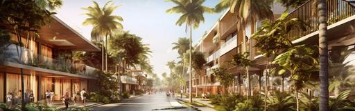 Marcio Kogan Mk27 architectural style, a vibrant 100-meter tropical tree lined commerical pedestrian only street in Uluwatu, Bali, lined with charming low level buildings, all bustling with activity, and leading directly to a stunning beach, --ar 19:6 --s 750