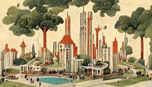 aerial view of city in art deco style with people, cars, houses, trees, walking dogs, mowing lawns, children playing, swimming pool in back garden, impressive architectural designs and city planning detail --q 2 --ar 16:9 --s 3456