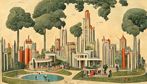 aerial view of city in art deco style with people, cars, houses, trees, walking dogs, mowing lawns, children playing, swimming pool in back garden, impressive architectural designs and city planning detail --q 2 --ar 16:9 --s 3456
