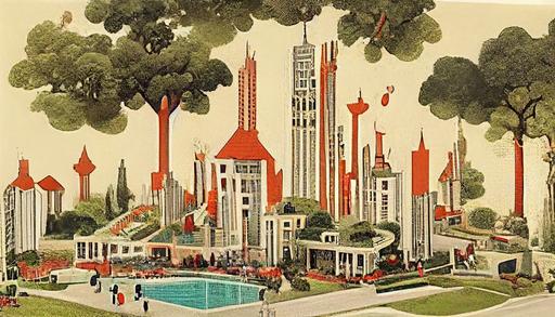 aerial view of city in art deco style with people, cars, houses, trees, walking dogs, mowing lawns, children playing, swimming pool in back garden, impressive architectural designs and city planning detail --q 2 --ar 16:9 --s 3456 --upbeta
