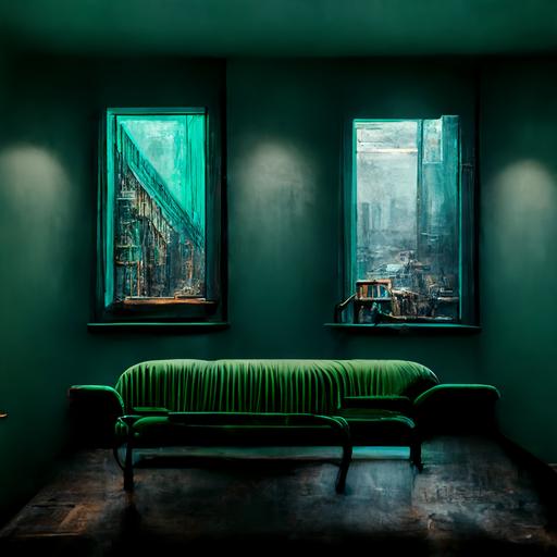 architectural office painted dirty Tiffany’s green, depressing lighting, dark green small sofa, bookshelf filled with oddities, dark wood floors, distant sunlight through the window, uneasy lonely depressing photorealistic 8k octane blue green dark hues