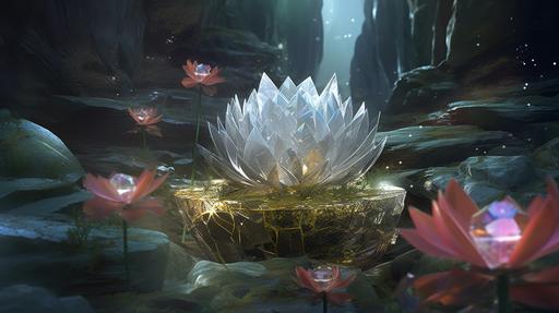Crystal Lotus in Himalaya's forest, digital art --ar 16:9 --v 5