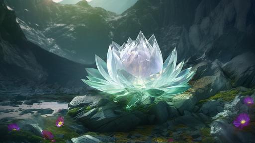 Crystal Lotus in Himalaya's forest, digital art --ar 16:9 --v 5