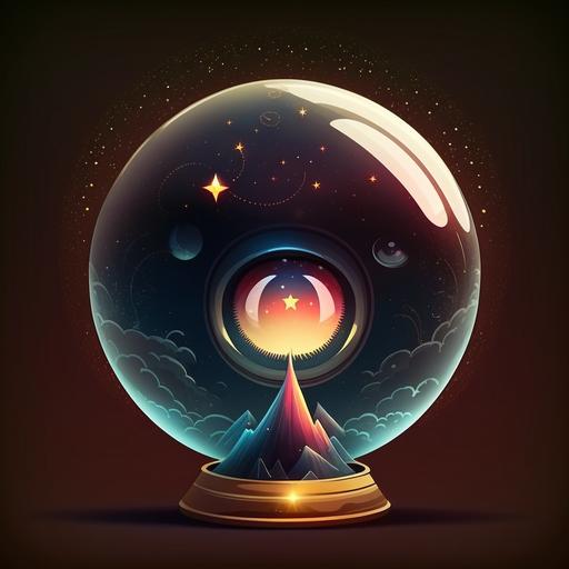 Crystal ball with eye, dark space background, with shooting star, cartoon, illustration