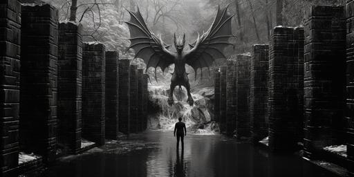 Cube, Dragon, Cube, Mystical Enchantment, Waterfall, Bridge, dreamlike black and white photography, by Edward Gorey --ar 2:1