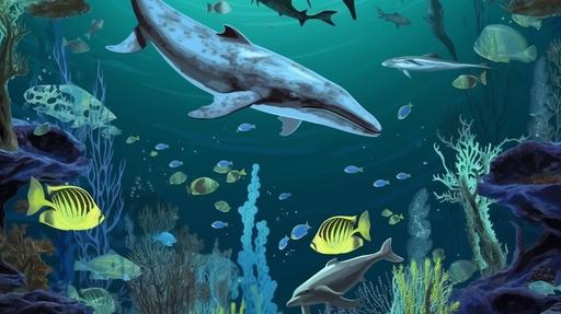 Cube, marine life, model, underwater, sea lily, school of fish, a whale, scene illustration, minimalist style --ar 16:9 --v 5.2  --s 750