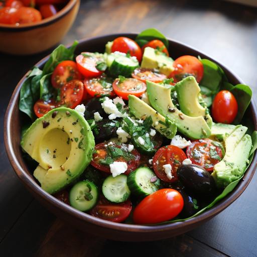 Cucumbers, Tomatoes, Avocado ,Spinach, Feta ,Sun-dried tomatoes ,Olives in a bow