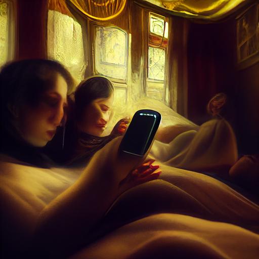 two women lying on a bed inside an old victorian style bedroom :: close-up of mobile phone, 3:2 --s 1000 --upbeta